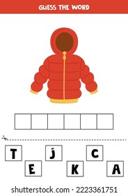 Spell the word. Vector illustration of red jacket. Spelling game for kids. 