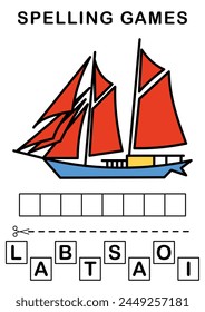 Spell the word. Vector illustration of sailboat. Spelling game for kids. Education worksheet Printable A4 size