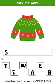 Spell the word. Vector illustration of ugly Christmas sweater. Spelling game for kids. 