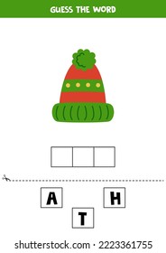 Spell the word. Vector illustration of winter hat. Spelling game for kids. 