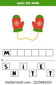 Spell the word. Vector illustration of winter mittens. Spelling game for kids. 