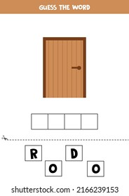 Spell the word. Vector illustration of wooden door. Spelling game for kids. 