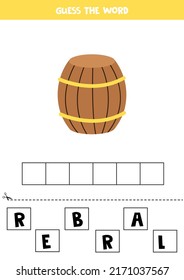 Spell the word. Vector illustration of wooden barrel. Spelling game for kids. 