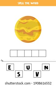 Spell the word Venus. Vector illustration of planet Venus. Spelling game for kids. 