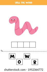 Spell the word worm. Vector illustration of cute pink worm. Spelling game for kids. 