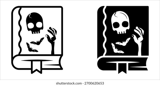 Spellbook icon set. Minimalist outline illustration of a book containing a skull, hand and bats figure, depicting a spooky or Halloween concept.