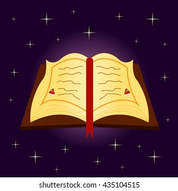 spellbook on Halloween on a purple background with stars
