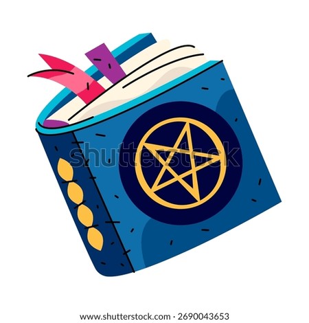 Spellbook with pentagram or magic book with star. Vector esoteric wizardry volume or sorcerer parchment with fivepoint sign. Gothic fantasy grimoire. Sorcery and witchcraft tome. Ceremony literature.