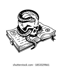 SPELLBOOK WITH SKULL AND SNAKE BLACK WHITE BACKGROUND