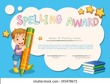 Spelling award template with kid and book in background illustration