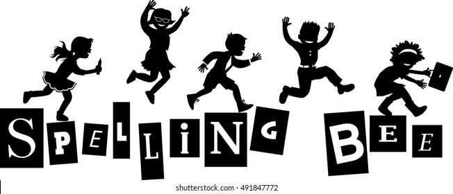 Spelling bee title design with schoolchildren jumping on letters, EPS 8 vector silhouettte, no white objects