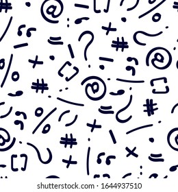 Schreibweise schwarz-weiß, Fragezeichen, plus, gleich, Prozentsatz, Anführungszeichen, Klammern, Bindestrich, Punkt- und Ausrufezeichen.nahtloses Muster
