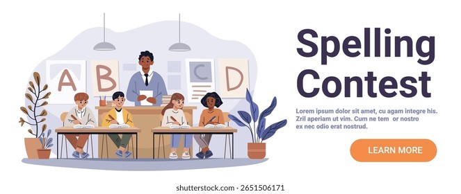 Concurso de ortografia crianças escola professor sala de aula competição aprendendo educação diversos alunos escrevendo plantas cartazes de parede bandeira moderna