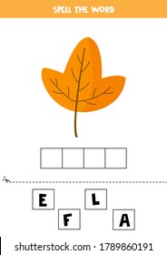Spelling game with cute cartoon autumn leaf. Educational grammar game for kids. Learning to read and to write.