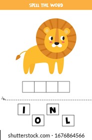 Spelling game for kids. English grammar. Elementary crossword with cute cartoon lion.