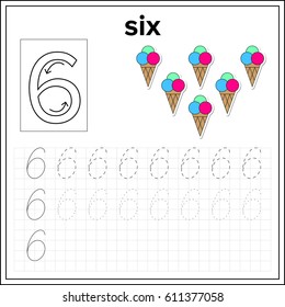 Spelling of numbers. Educational page  with number 6, for preschool and kindergarten kids (children) illustration, vector