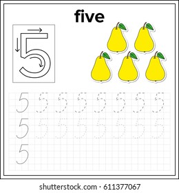 Spelling of numbers. Educational page  with number 5, for preschool and kindergarten kids (children) illustration, vector