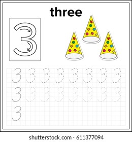 Spelling of numbers. Educational page  with number 3, for preschool and kindergarten kids (children) illustration, vector