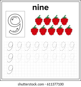Spelling of numbers. Educational page  with number 9, for preschool and kindergarten kids illustration (children), vector. Writing practice number five