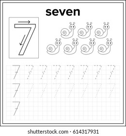 Spelling of numbers. Educational page  with number 7, for preschool and kindergarten kids illustration, vector