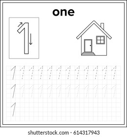 Spelling of numbers. Educational page  with number 1, for preschool and kindergarten kids illustration, vector