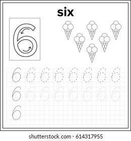 Spelling of numbers. Educational page  with number 6, for preschool and kindergarten kids illustration, vector