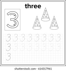Spelling of numbers. Educational page  with number 3, for preschool and kindergarten kids illustration, vector