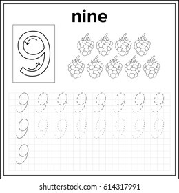 Spelling of numbers. Educational page  with number 9, for preschool and kindergarten kids illustration, vector