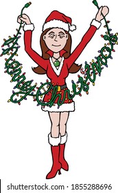 Spelling out Merry Christmas! This illustration features a young Mrs. Santa Claus holding up a string of lights that say merrry christmas. 