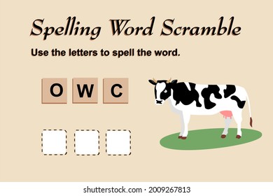 Spelling scramble game template for cow illustration