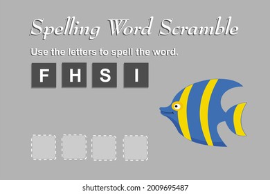 Spelling scramble game template for fish illustration
