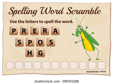 Spelling scramble game template for grasshopper illustration