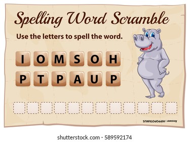 Spelling scramble game template for hippopotamus illustration