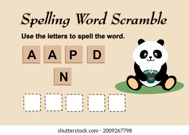 Plantilla de juego de scramble ortográfico para ilustración de panda