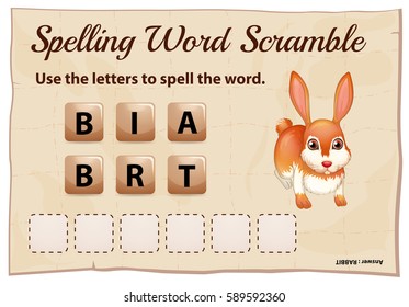 Spelling scramble game template for rabbit illustration