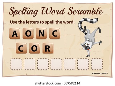 Spelling scramble game template for raccoon illustration