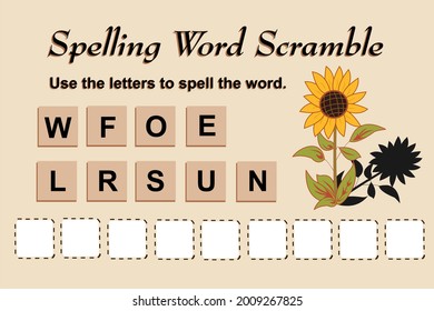 Spelling scramble game template for sunflower illustration