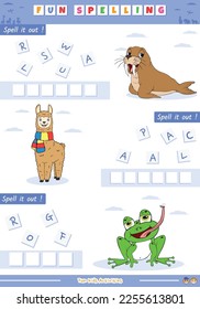 Spelling scrambled words animal names.
Ready to print, ready to use, easy to edit, vector.
Walrus, alpaca, frog.