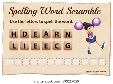 Spelling word game with word cheerleading illustration