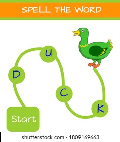Spelling word game. Learn to read word. Educational developing activity for children. Vector stock illustration.
