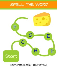 Spelling word game. Learn to read word. Educational developing activity for children. Vector stock illustration.