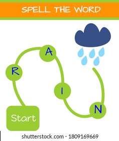 Spelling word game. Learn to read word. Educational developing activity for children. Vector stock illustration.