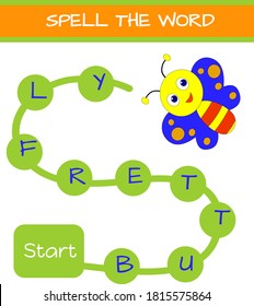 Spelling word game. Learn to read word butterfly. Educational developing activity for children. Vector stock illustration.