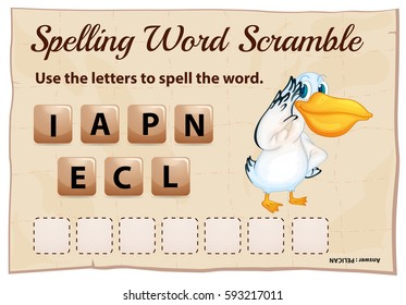 Spelling word game with word pelican illustration