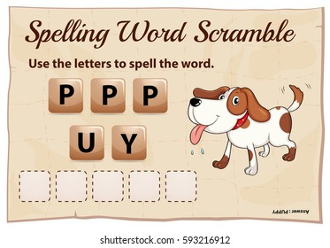 Spelling Word Game With Word Puppy Illustration