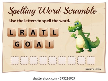 Spelling word game template with word alligator illustration