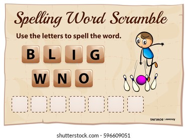 Spelling word scrable game with word bowling illustration