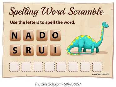 Spelling word scrable game with word dinosaur illustration