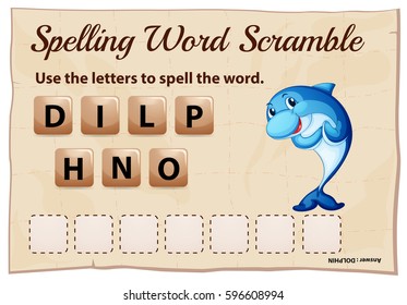 Spelling word scrable game with word dolphin illustration