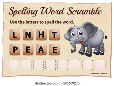 Juego de palabras de ortografía rayable con ilustración de elefante de palabras